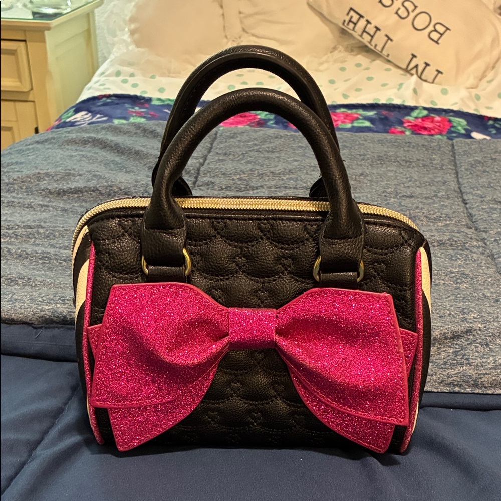 Betsey Johnson Black Mini Bag with Pink Glitter Bow